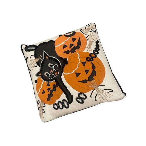 Nicole Miller Halloween Cat Pumpkin Accent Throw Pillows Set Embroidered Beaded - Picture 3 of 8